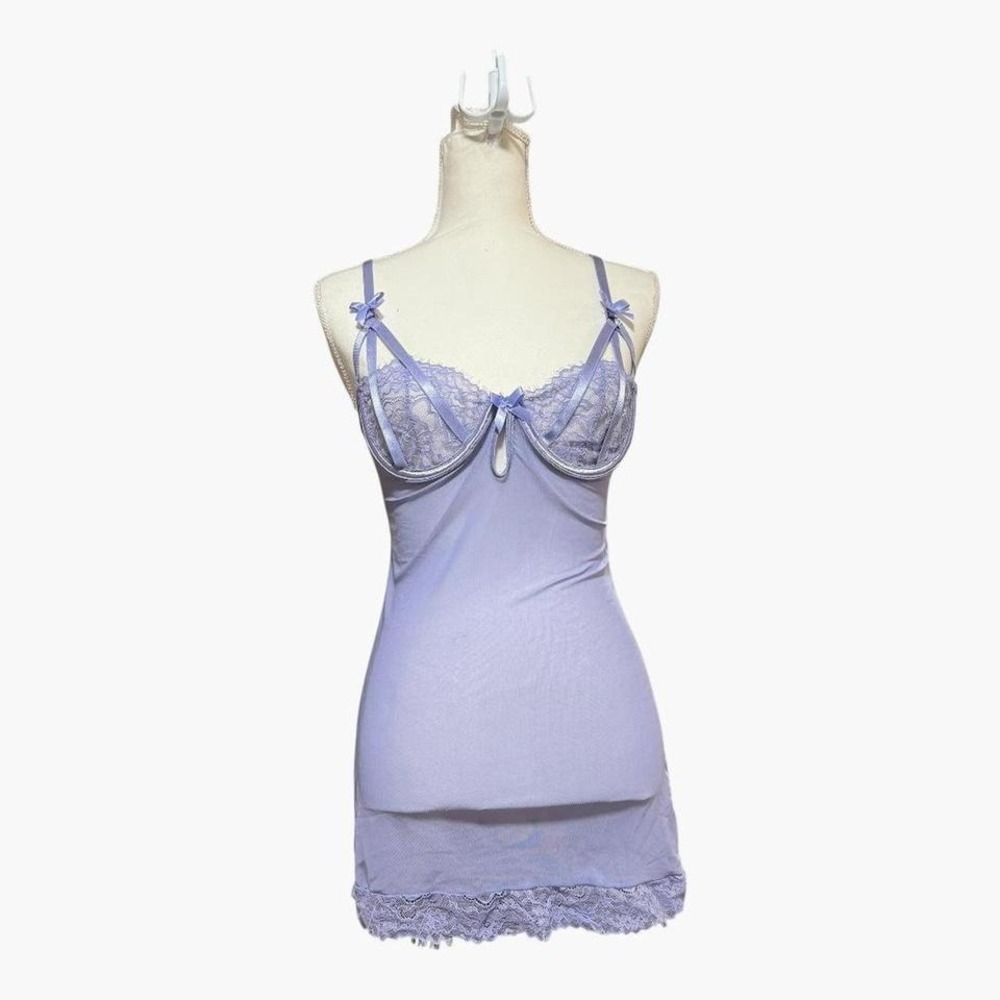 Lilac lace babydoll dress with lace trim and bow details